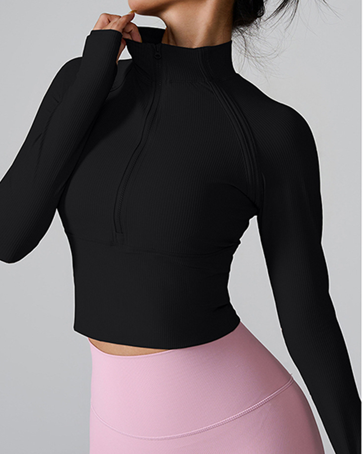 Half Zip Riibbed Long-Sleeve Top