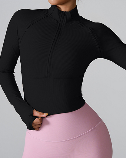 Half Zip Riibbed Long-Sleeve Top