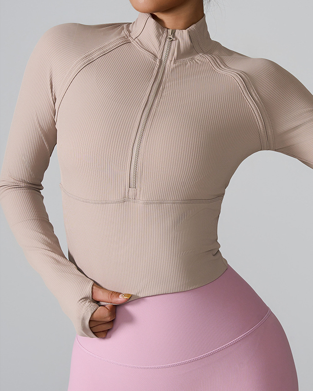 Half Zip Riibbed Long-Sleeve Top